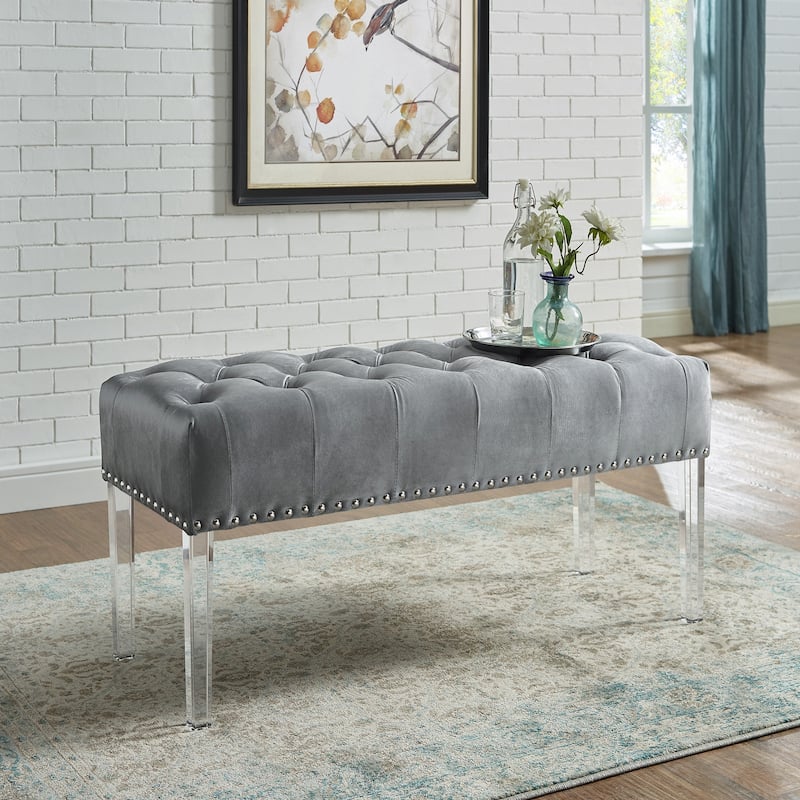 Button Tufted Velvet Upholstered Bench, Gray