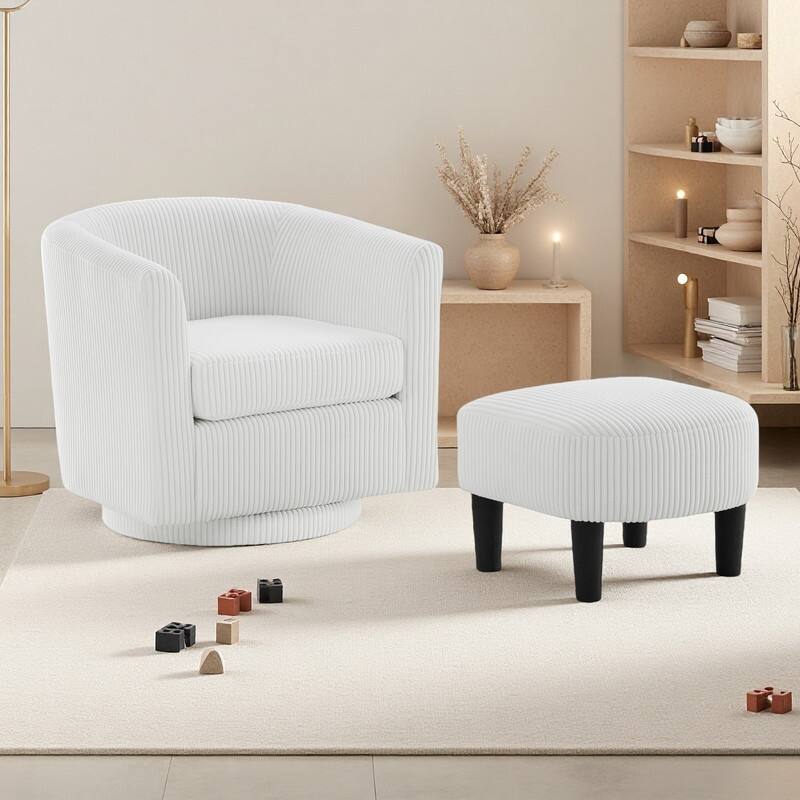 Corduroy 360° Swivel Recliner Chair Sets with Ottoman and Rubberwood Frame - White