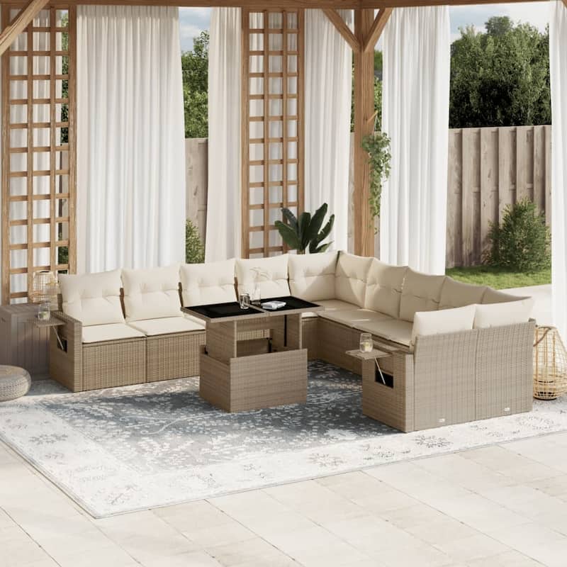 vidaXL Patio Sofa Set with Cushions Outdoor Furniture 11 Piece Poly Rattan - 24.4 x 24.4 x 27.2 - Beige and Cream