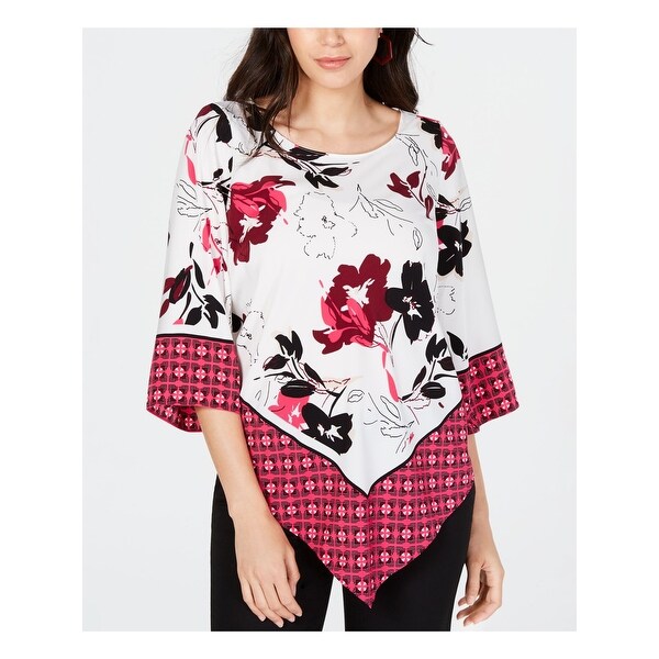 ALFANI Womens White Floral Kimono Sleeve Jewel Neck Top Size L