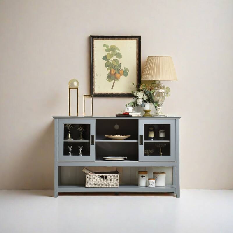Anmytek Grey Sideboard Buffet with Tempered Glass Doors Living Room Storage Cabinet
