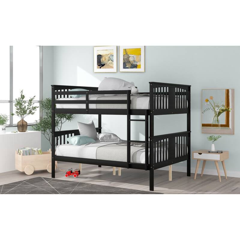 Full over Full Size Bunk Bed Wooden Frame Bunk Bed with Ladder and Fence Guardrail, Kids Children's Bed for Bedroom, Guest Room