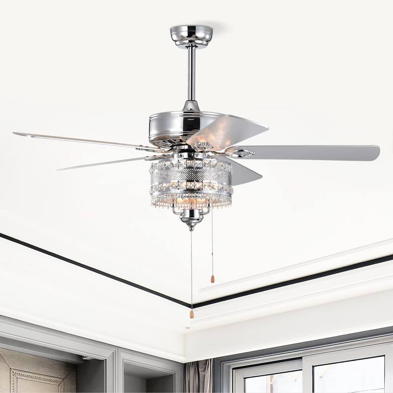 Classic Crystal Ceiling Fan Light with 5 Blades and Speed Adjustment, Reversible Motor for Bedroom and Living Room