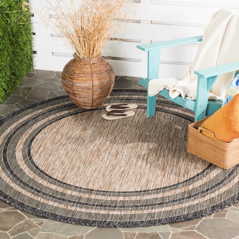 SAFAVIEH Courtyard Vickie Indoor/ Outdoor Waterproof Patio Backyard Rug - 6'7" x 6'7" Round - Natural/Black