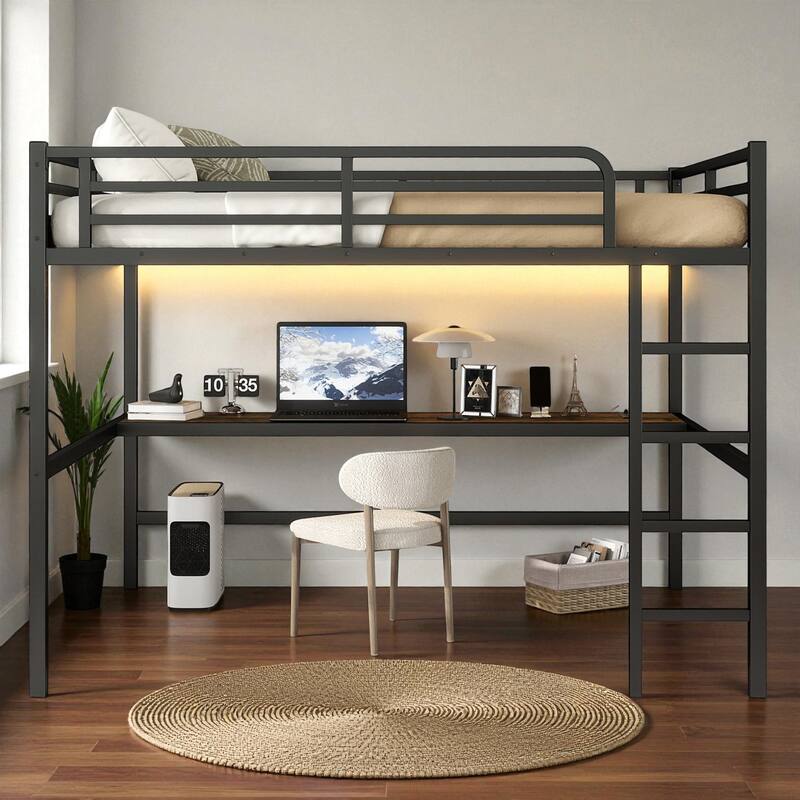 Metal Queen Size Loft Bed with Desk, Power Outlet & LED Lights, Space-Saving Noise-Free Frame with Guardrails