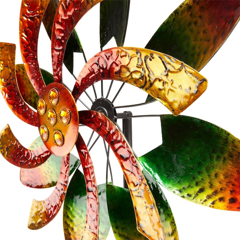 Alpine Corporation 64" Tall Floral Windmill Stake with Jeweled Kinetic Spinner, Green and Orange