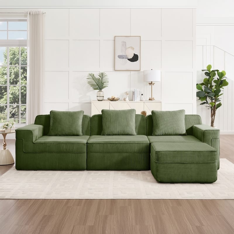 Modular L-shaped Deep Seat Boneless Cloud Sectional Sofa with Throw Pillows & Ottoman - Green