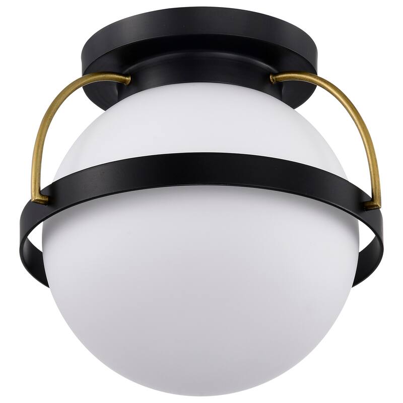 Lakeshore 1 Light Small Flush - Matte Black & Natural Brass Finish - White Opal Glass