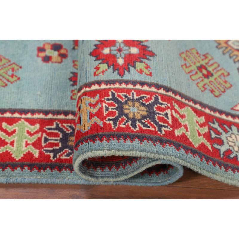 Light Blue Geometric Kazak Foyer Rug Hand-Knotted Oriental Wool Carpet - 3'5" x 4'10"