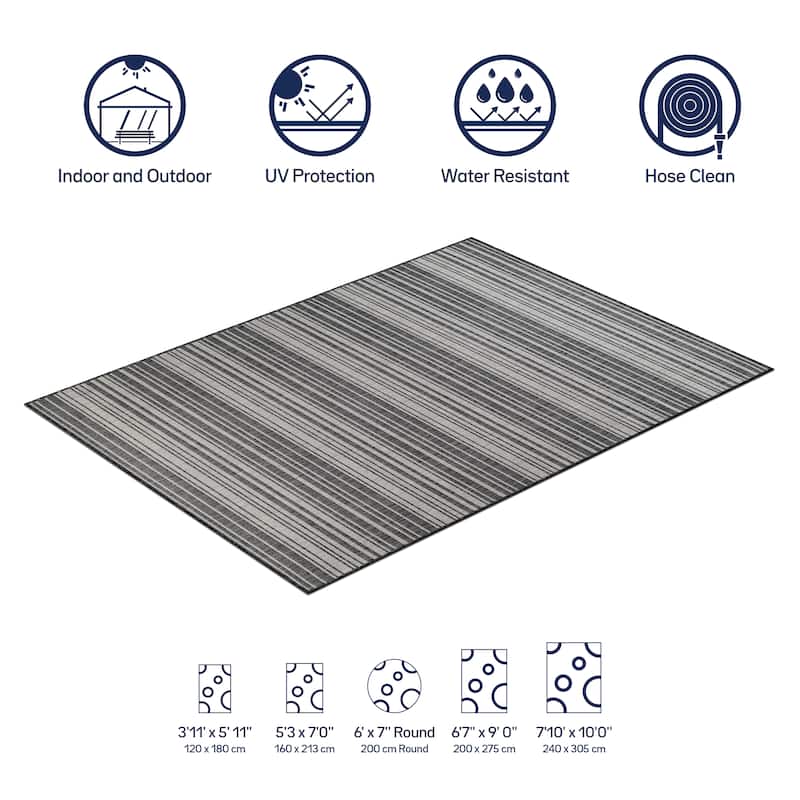Beverly Rug Dark Grey Striped Indoor Outdoor Rug, Outside Carpet for Patio, Deck, Porch