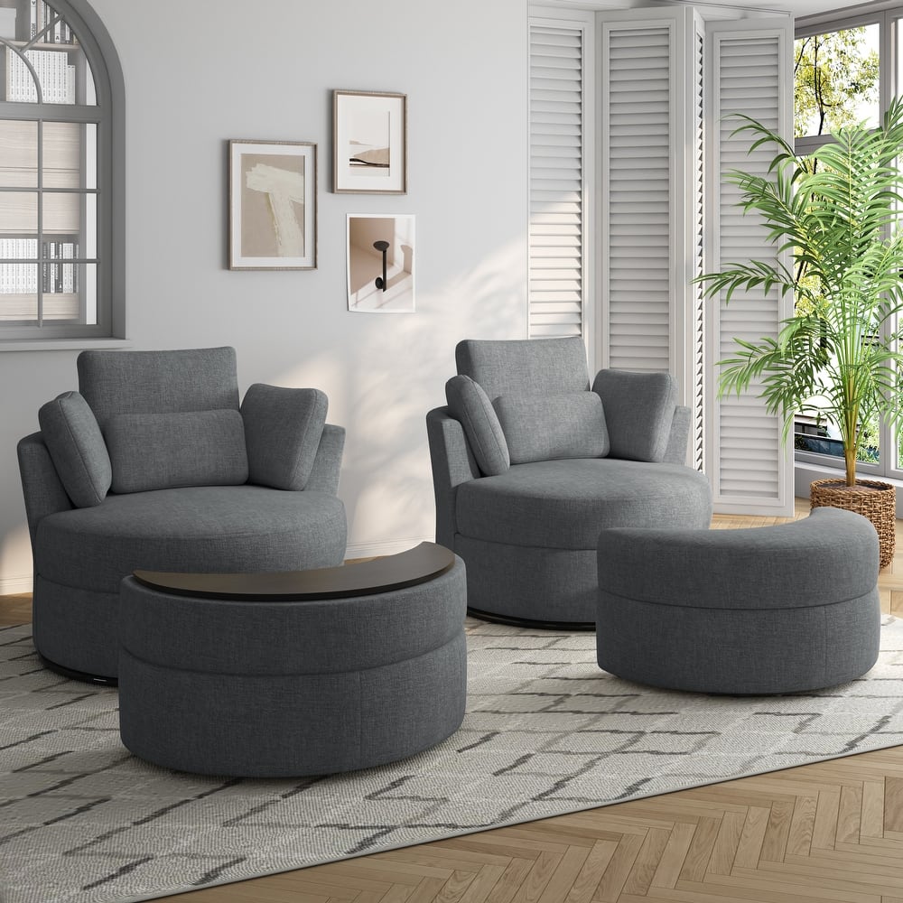 Upholstered Swivel Accent Barrel Chair And Storage Ottoman Sets