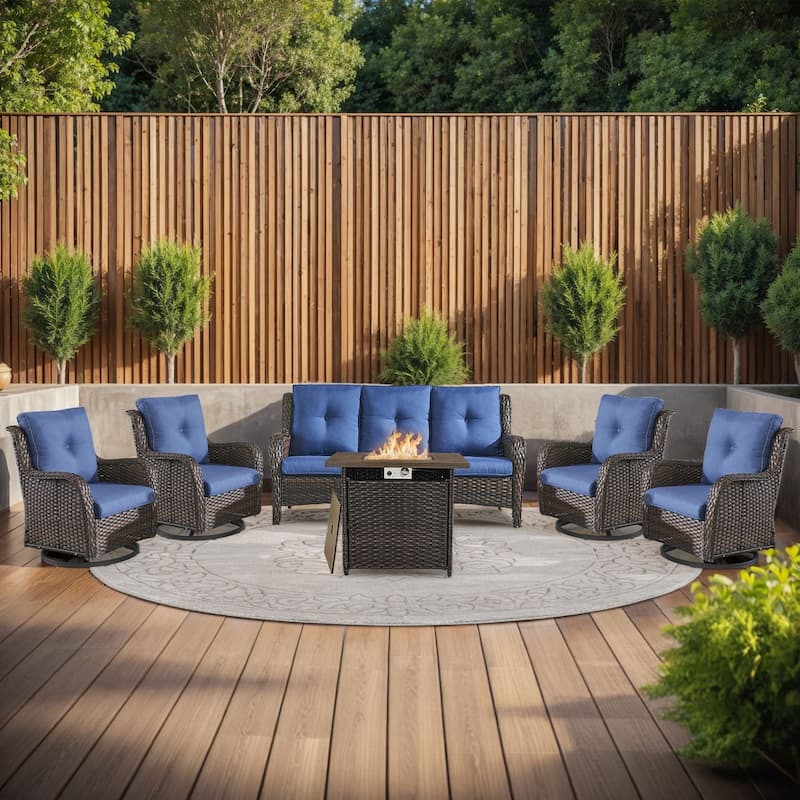 Pocassy Fire Pit Table with Sofa Swivel Chairs Set - Brown Wicker Blue Cushion - 6 Pieces Sofa Swivel Chairs with Fire Table