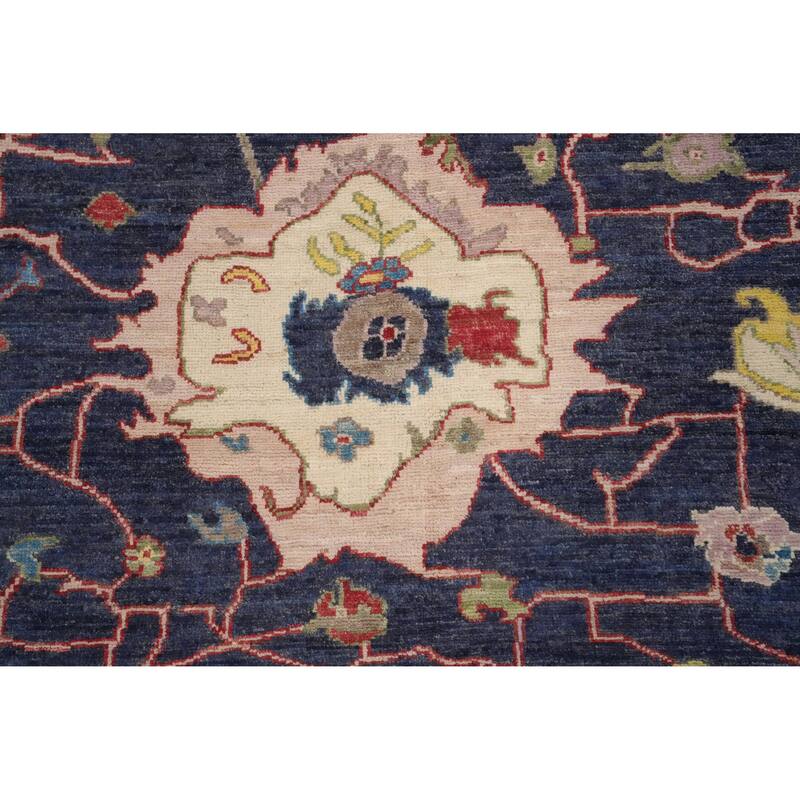 Hand Knotted Oriental 100% Wool Carpet Transitional Floral Navy Blue & Blues Oushak Area Rug - 13' 6'' X 10' 5''