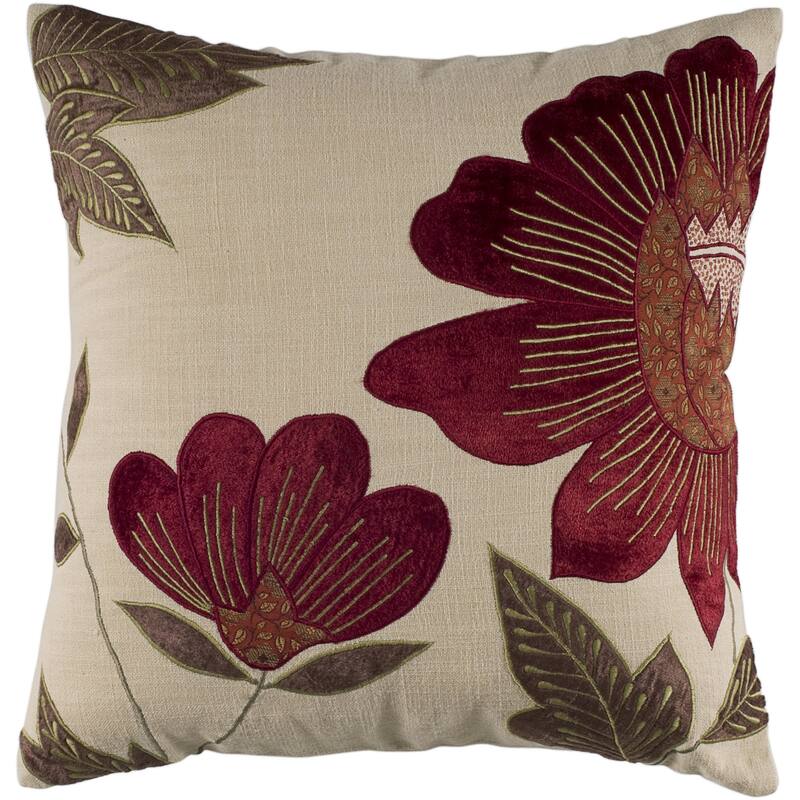 Rizzy Home Beige, Red, and Olive Green Floral Throw Pillow - Polyester