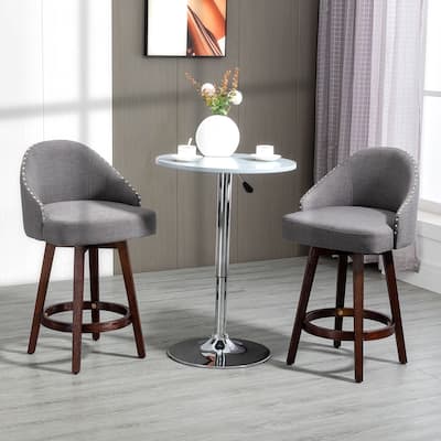 HOMCOM Bar Stools Set of 2, Linen Fabric Kitchen Counter Stools with Nailhead Trim, Rubber Wood Legs and Footrest
