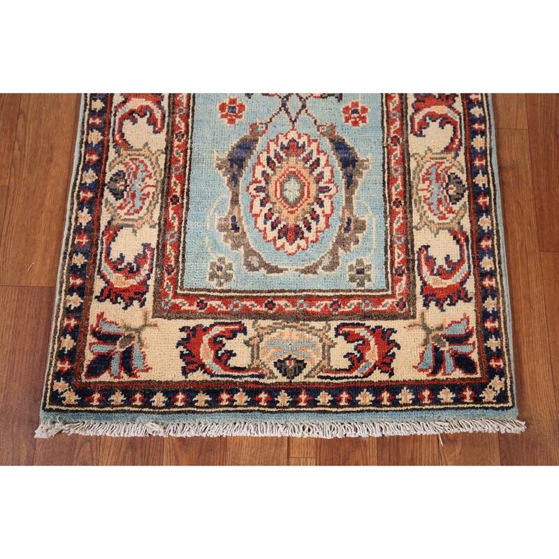 Light Blue Floral Kazak Oriental Runner Rug Hand-Knotted Wool Carpet - 2'1" x 5'11"