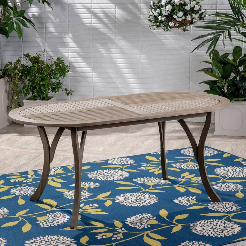 Roomfitters Outdoor Dining Table with Oval Slatted Top and Curved Legs in Solid Acacia Wood for Patio or Garden
