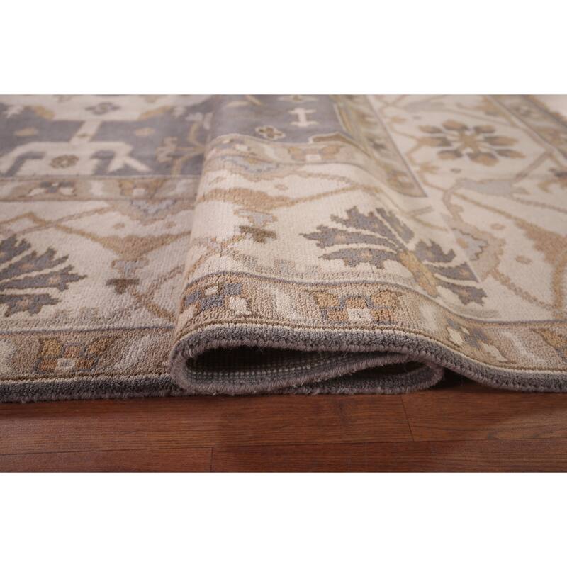 Gray Oushak Indian Rug Hand-Knotted Transitional Floral Wool Carpet - 9'1"x 11'7"