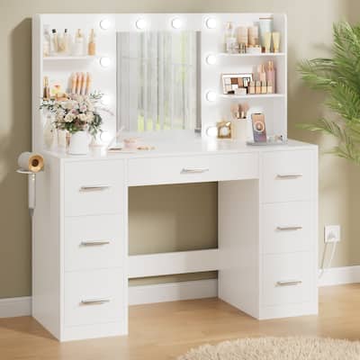 Furniwell Makeup Vanity with Mirror and Drawers Vanity Desk Set with 3 Modes Adjustable Brightness Lights and USB Power Outlet
