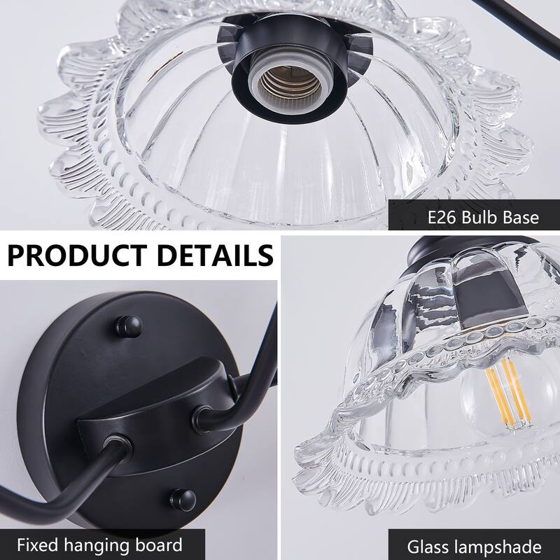 20 Inch 2-Light Vintage Bathroom Wall Sconce - Elegant Black, Metal and Glass Lampshade Vanity Light Fixture