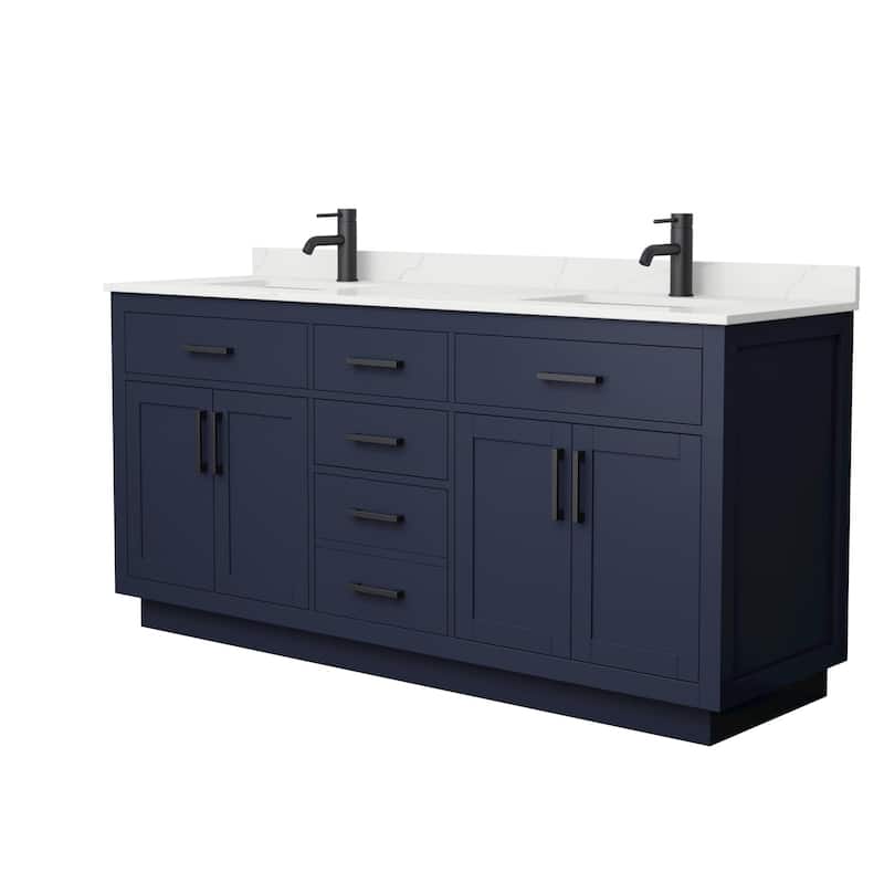 Beckett TK 72-inch Double Vanity, Single Hole Quartz Top - Dark Blue, Black Trim, Giotto Quartz Top