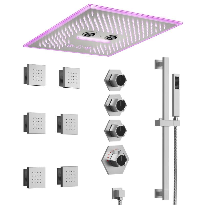 GRANDJOY Shower Faucet System 16 inch Ceiling Mount Shower Head 3 Spray Modes Handheld Spray with Slide Bar LED Music - Brushed Nickel