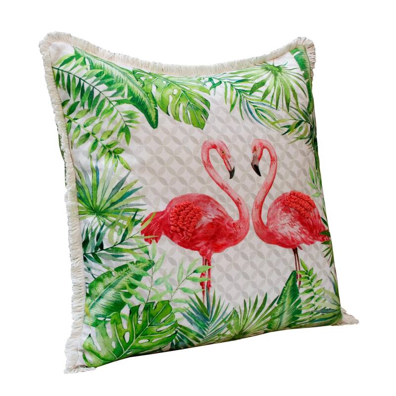 Hand Woven Coastal Flamingo Square Throw Pillow - 20" - Green and Pink
