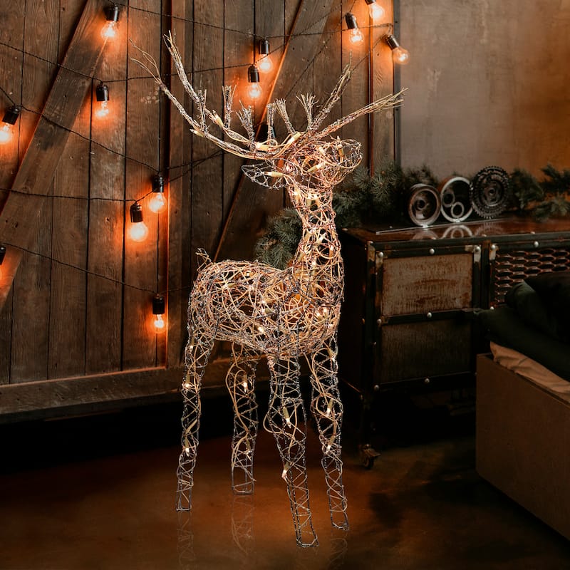 Alpine Corporation 35"H Outdoor Rattan Holiday Reindeer Lawn Decoration with White Lights , Christmas Decoration