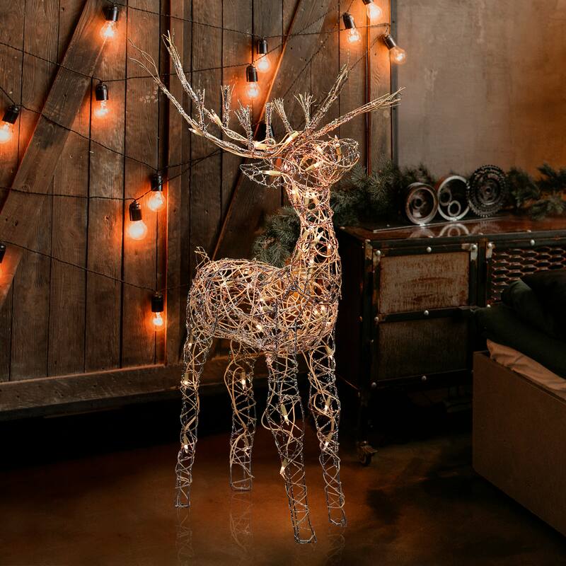 Alpine Corporation Standing Rattan Reindeer Decoration with White Halogen Lights