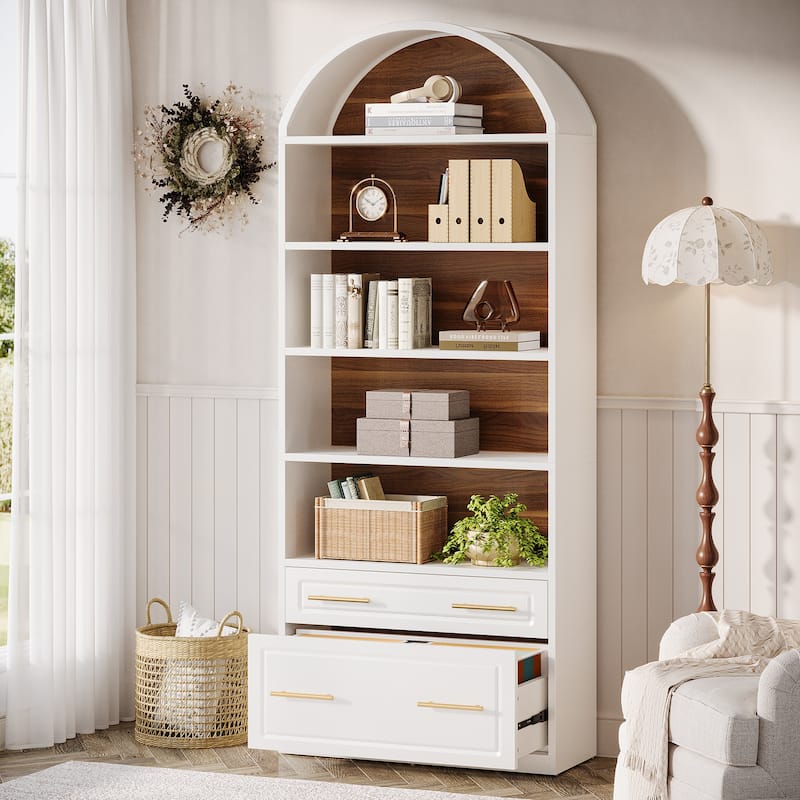 76.8" Tall Arched Bookcase, 5-Tier Modern Bookshelf with File Cabinet Drawer, White - White