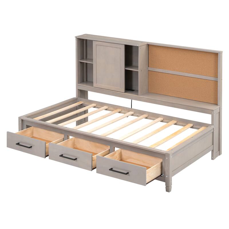 Twin Size Lounge Daybed with Storage Shelves, Cork Board, USB Ports and 3 Drawers, Antique Wood Color