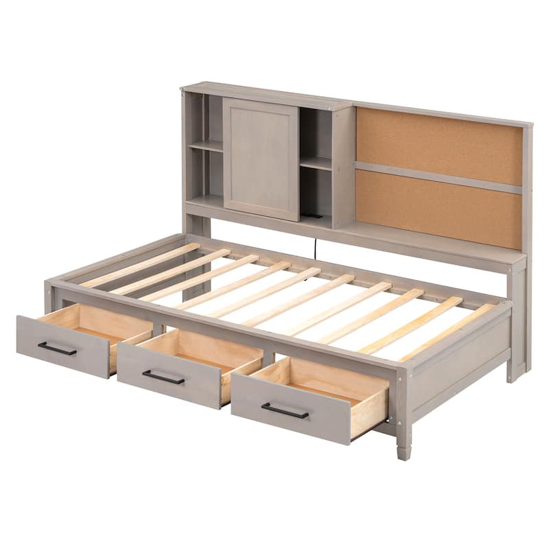 Twin Size Lounge Daybed with Storage Shelves, USB Ports, 3 Drawers