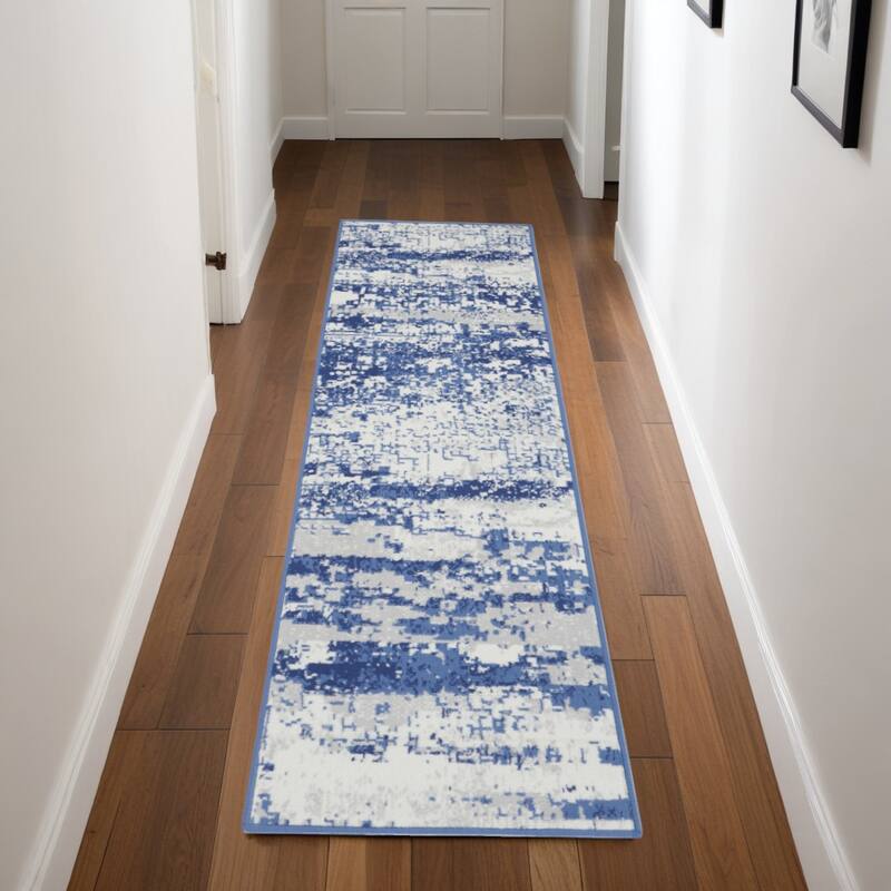 Power Loomed Distressed Abstract Modern Non Skid Stain Resistant Area Rug - 96' X '24' X '0.39 - Oxford Blue - Runner