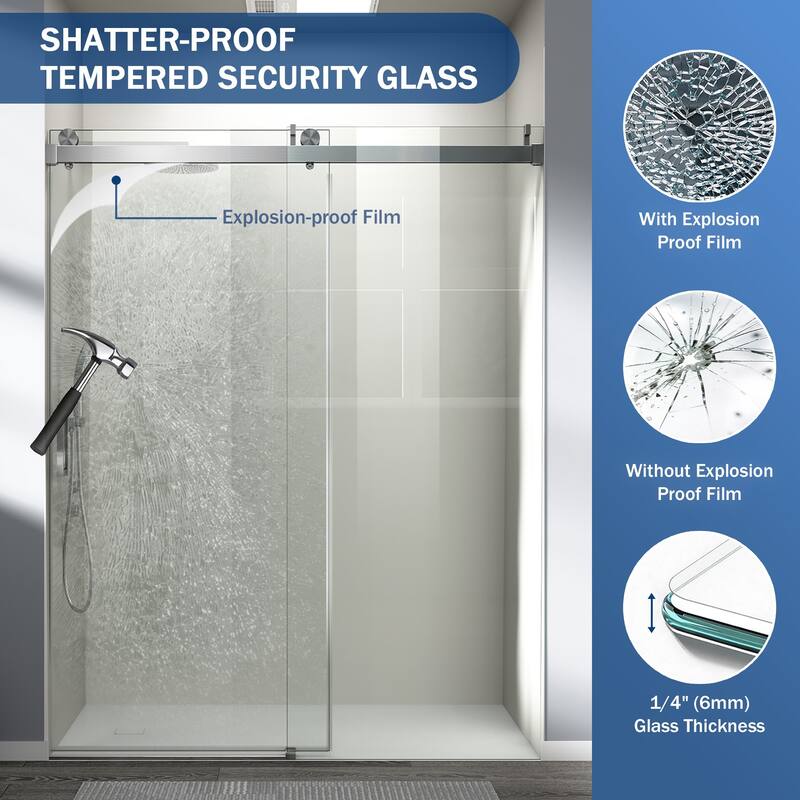 ABRUZZO 56-60" W x 76" H Frameless Soft-Closing Single Sliding Shower Door 1/4" (6mm) Explosion-Proof Tempered Glass