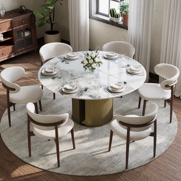 59" Modern Round Dining Table For 6-8, Glossy Sintered Stone Table Top ...