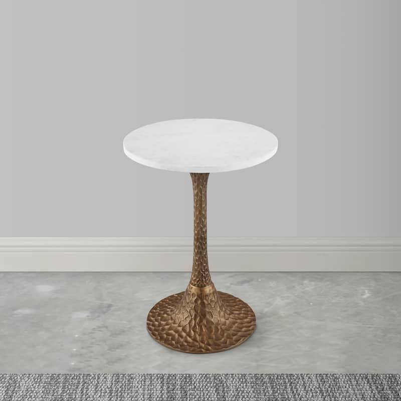 Tyler Accent Side Table, 14.5 Inch Round White Marble Top, Antique Brass Hammered Pedestal Base