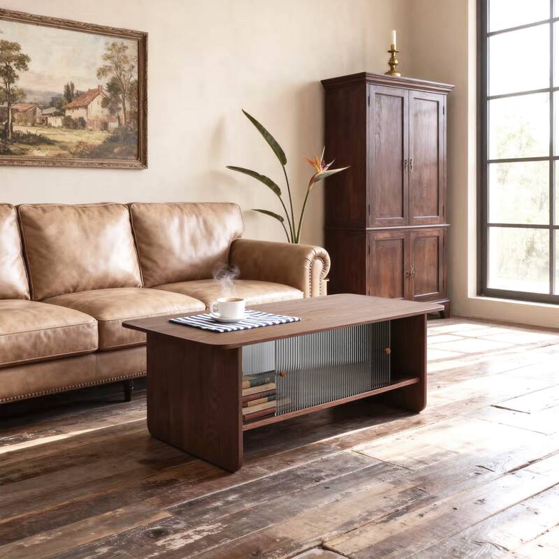 47" Brown Rectangular Minimalist Coffee Table with Glass Sliding Door Storage Cabinet