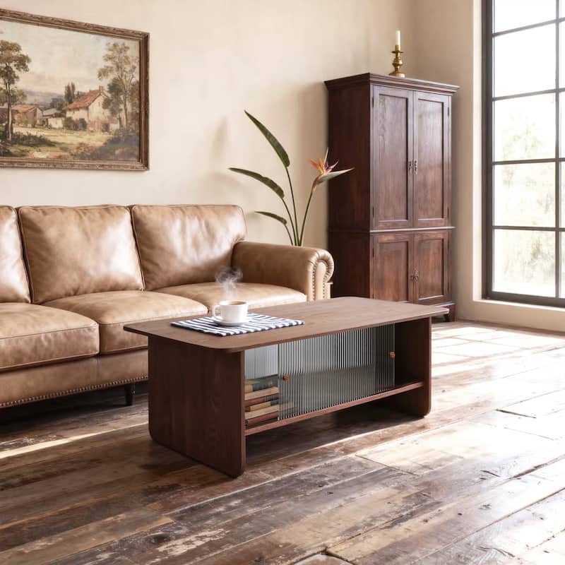 GDFStudio Velmorian Solid Wood Frame Coffee Table with Fluted Glass Sliding Doors and Storage Center