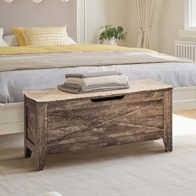 Storage Wooden Ottoman, Flip Top Ottoman Bench with Hand Weave Poufs Padded, Bed End Stool, Foot Rest for Living Room/Entryway