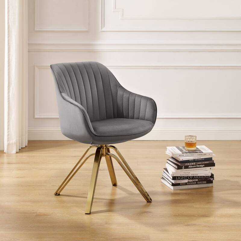 HomeRoots 23" Gray Velvet And Gold Swivel Arm Chair - 23