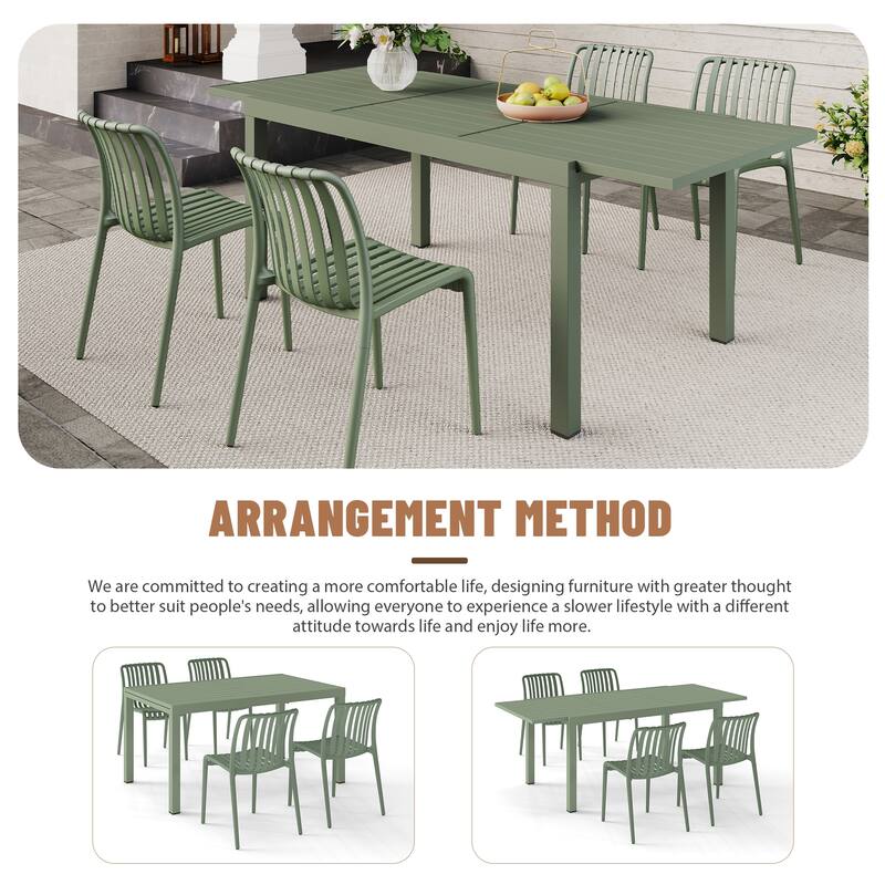 Outdoor Dining Set 5-Piece Stackable Plastic Lightweight Dining Chair and Extendable Dining Table
