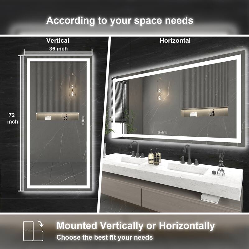Large Rectangular Frameless Anti-Fog LED Light Wall Mounted Bathroom Vanity Mirror in White - N/A
