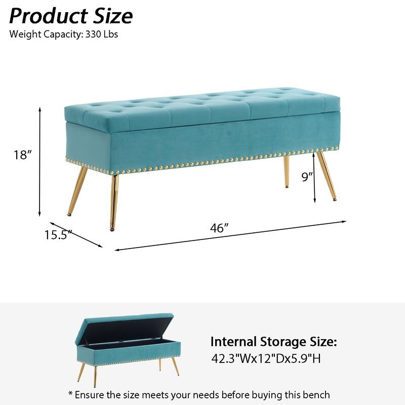 Velvet Storage Ottoman Bench with gold legs and Nailhead Trim for Bedroom/End of Bed/Entryway/Window