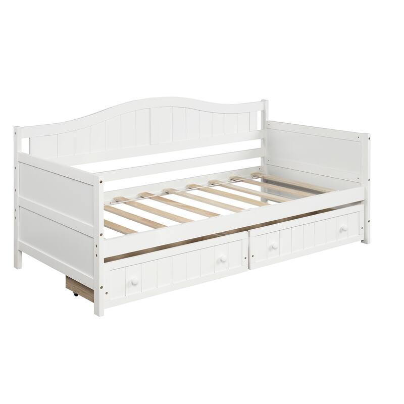 Classic Twin Size Daybed Storage Platform Bed with 2 Drawers, Armrest and Arched Backrest, Sofa Bed for Bedroom Living Room