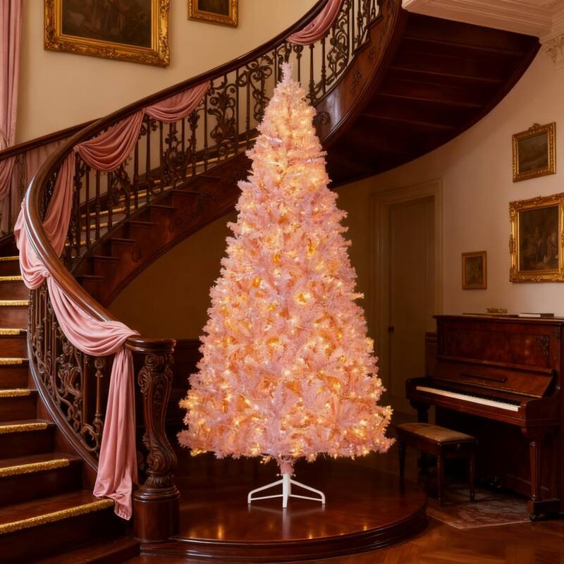 Artificial Christmas Tree - Realistic Branches, Warm White LED Lights - Pink