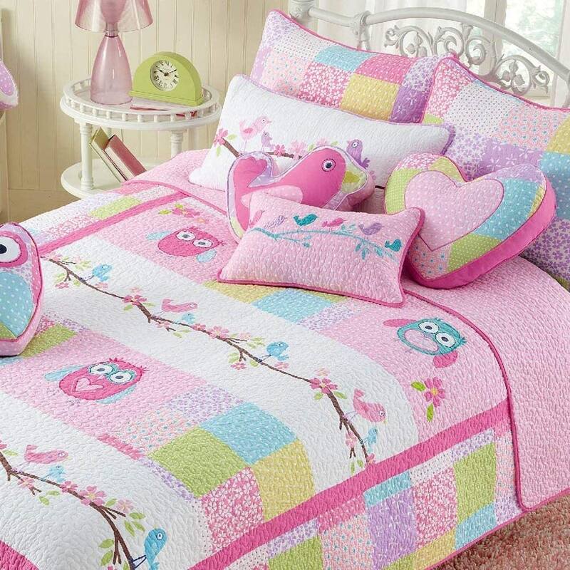 Cozy Line Pink Owl Cotton Quilt Bedding Set with Decorative Throw Pillows
