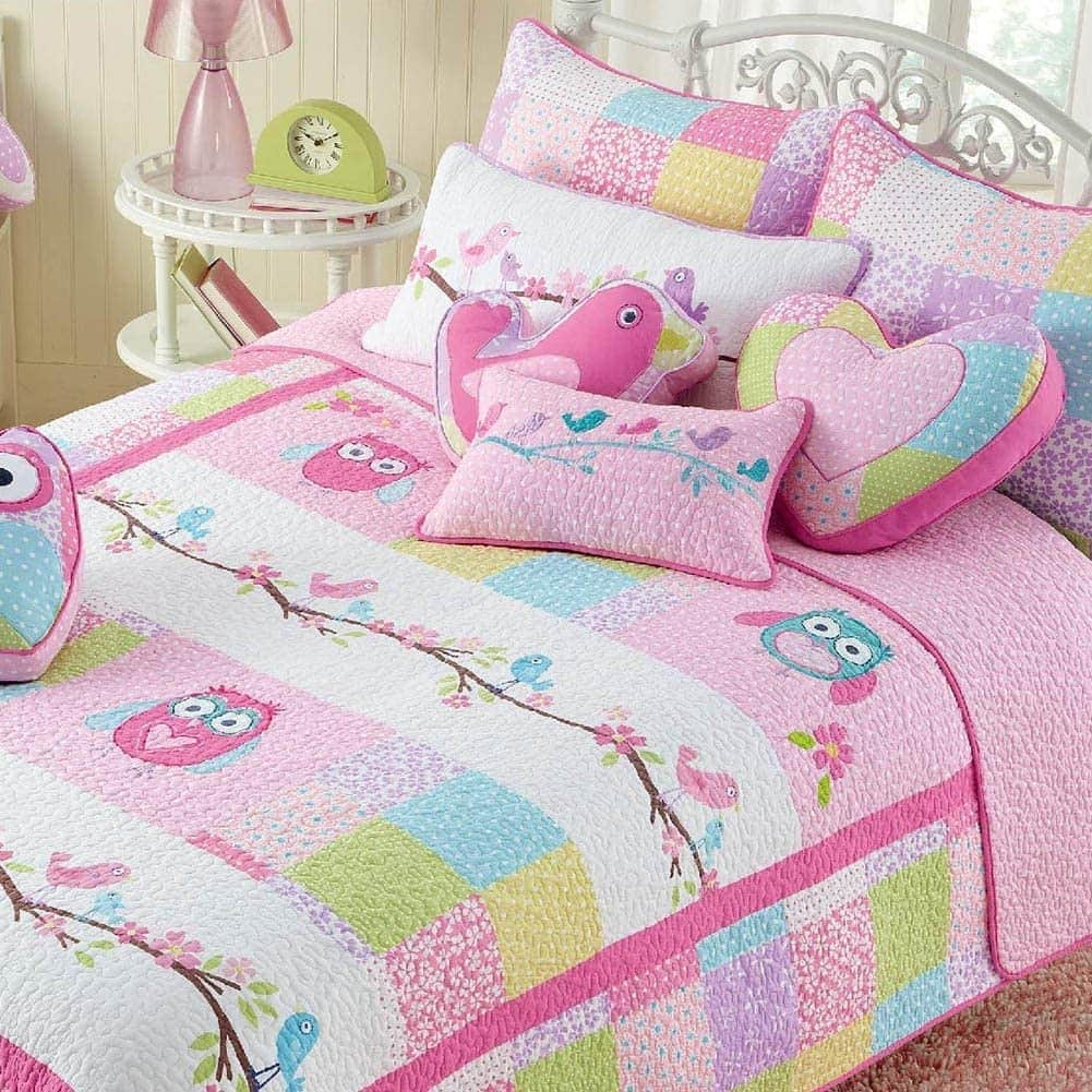 Cozy Line Pink Owl Cotton Quilt Bedding Set with Decorative Throw Pillows