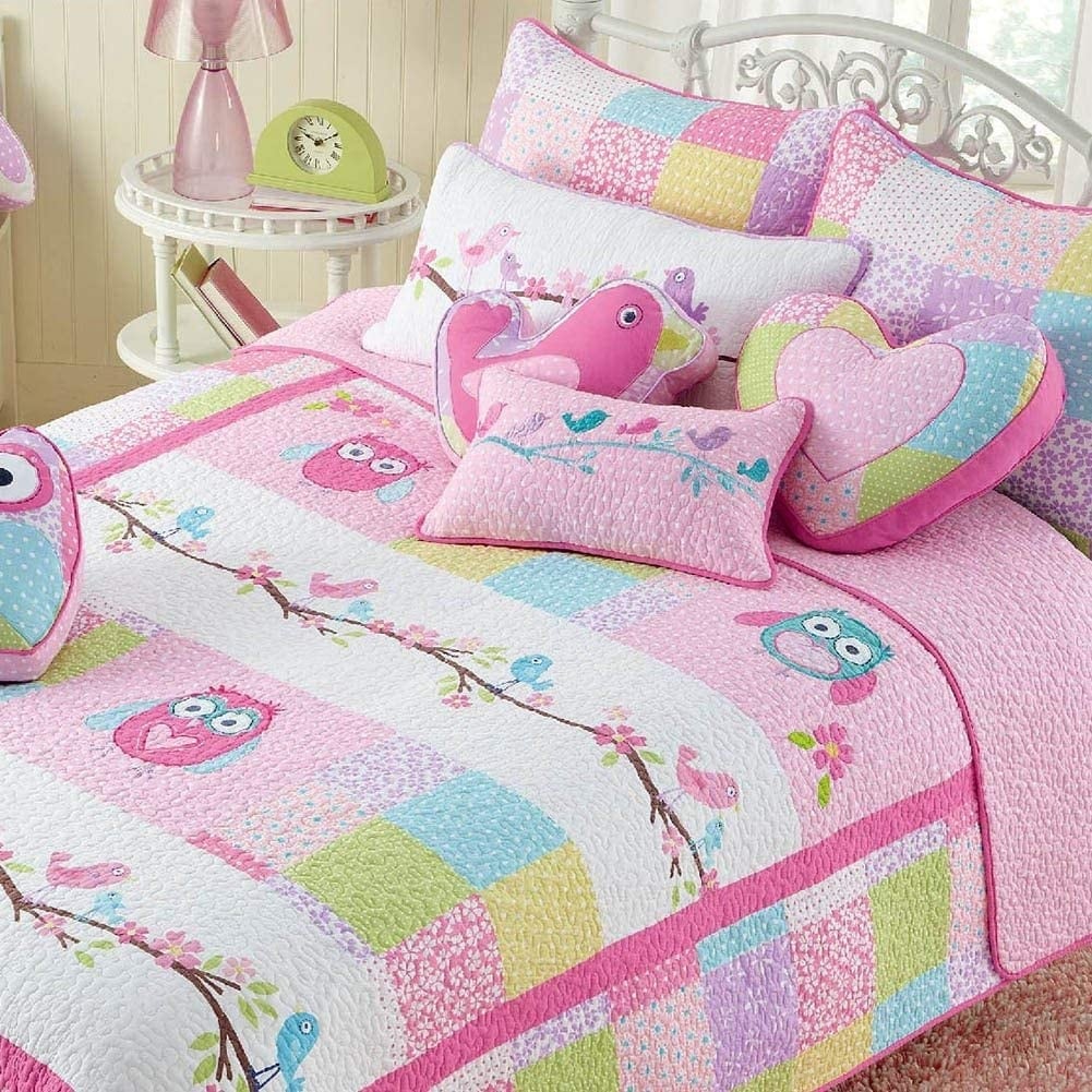 Cozy Line Pink Owl Cotton Quilt Bedding Set with Decorative Throw Pillows