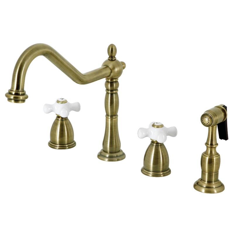 Kingston Brass Heritage Deck Mount Widespread Kitchen Faucet with Brass Sprayer