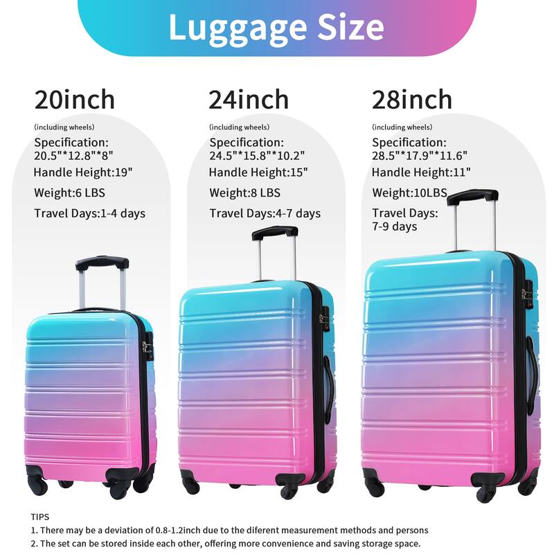 Hardshell Luggage Sets, 3 Piece Gradient Color Expandable Suitcase, with Spinner Wheels and TSA Lock Lightweight 20" 24" 28"
